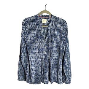 HD in Paris Blue and White Print Long Sleeve Tunic Blouse w Button Detail Sz 10